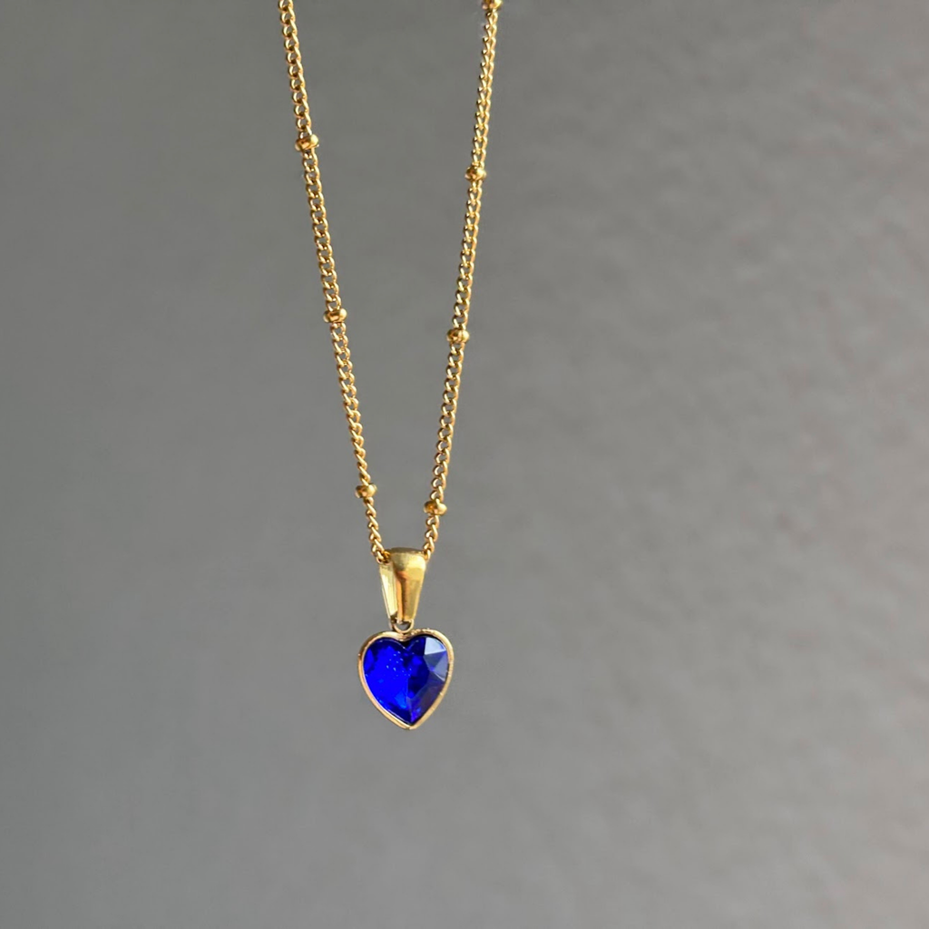 18K Gold Plated Blue Heart Pendant Necklace – Dainty Minimalist Layering Gift for Her