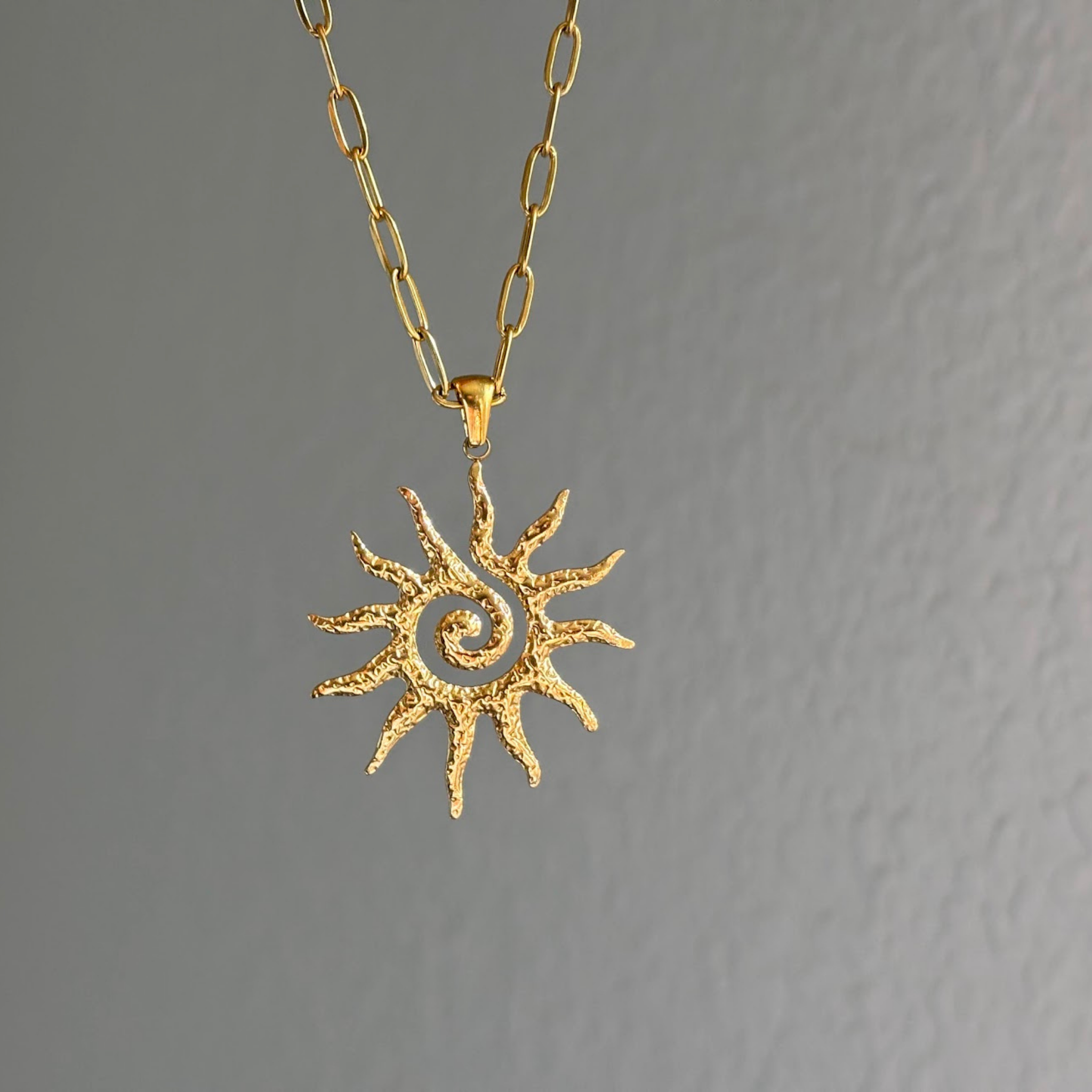 18K Gold Plated Sun Pendant Necklace – Spiral Sunburst Charm, Minimal Statement Gift for Her