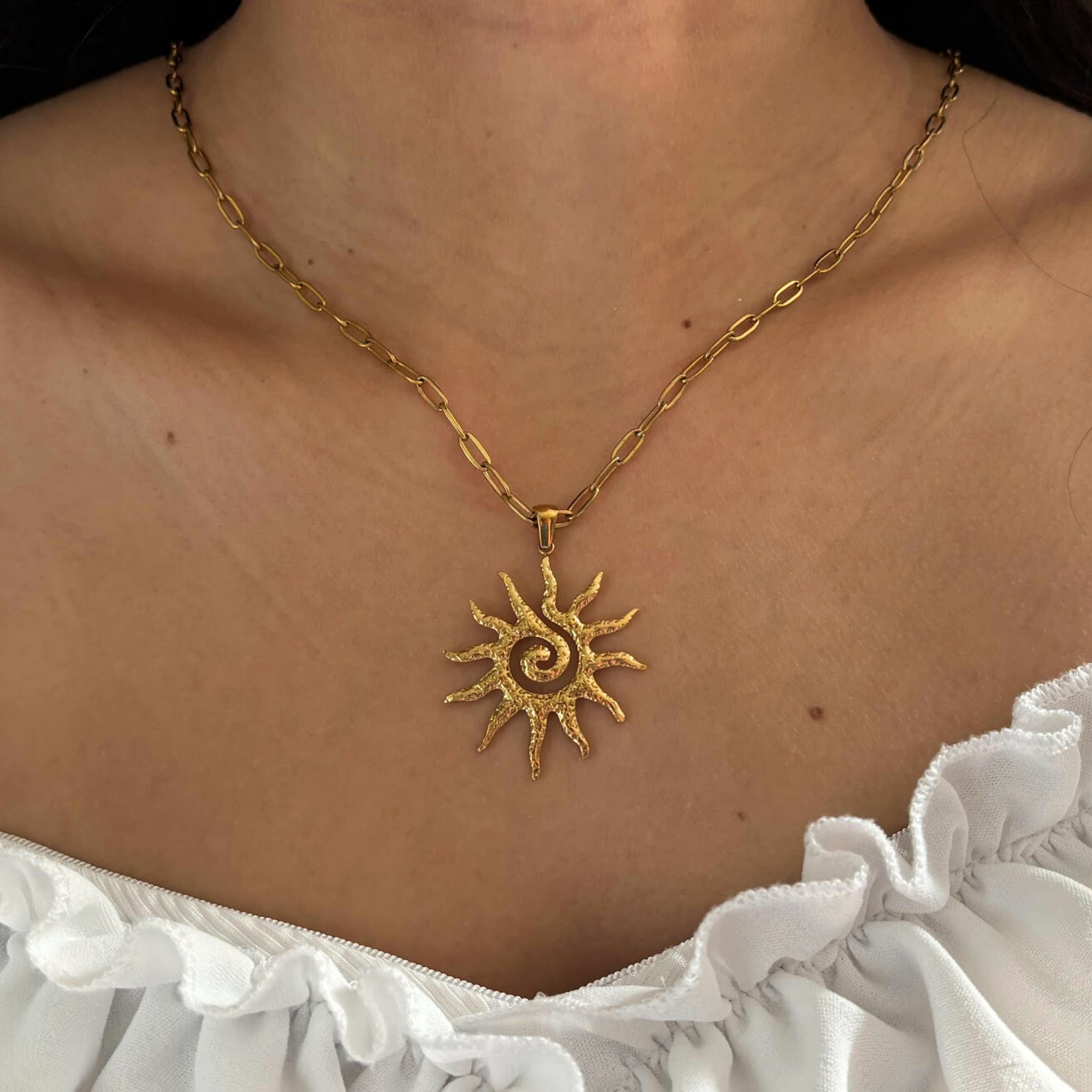 18K Gold Plated Sun Pendant Necklace – Spiral Sunburst Charm, Minimal Statement Gift for Her