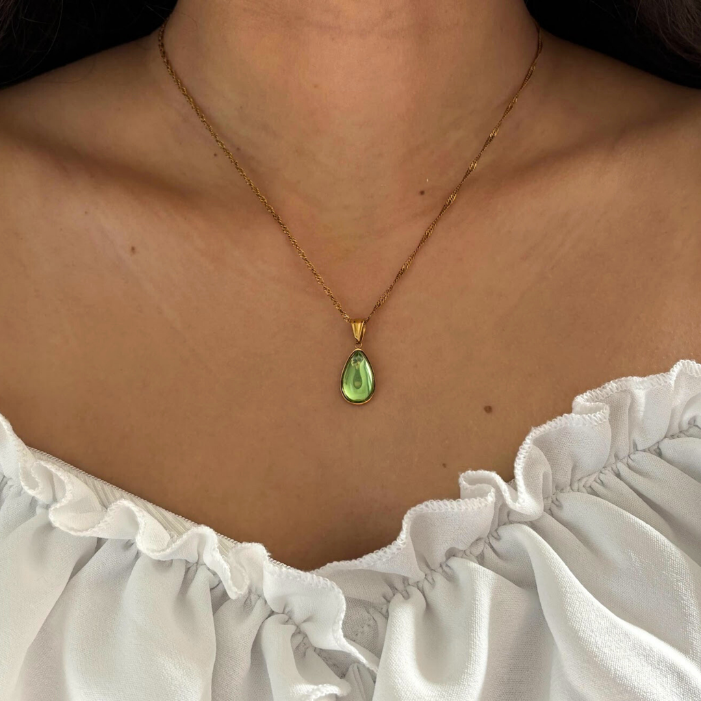18K Gold Plated Light Green Teardrop Necklace – Elegant Dainty Pendant for Everyday Wear