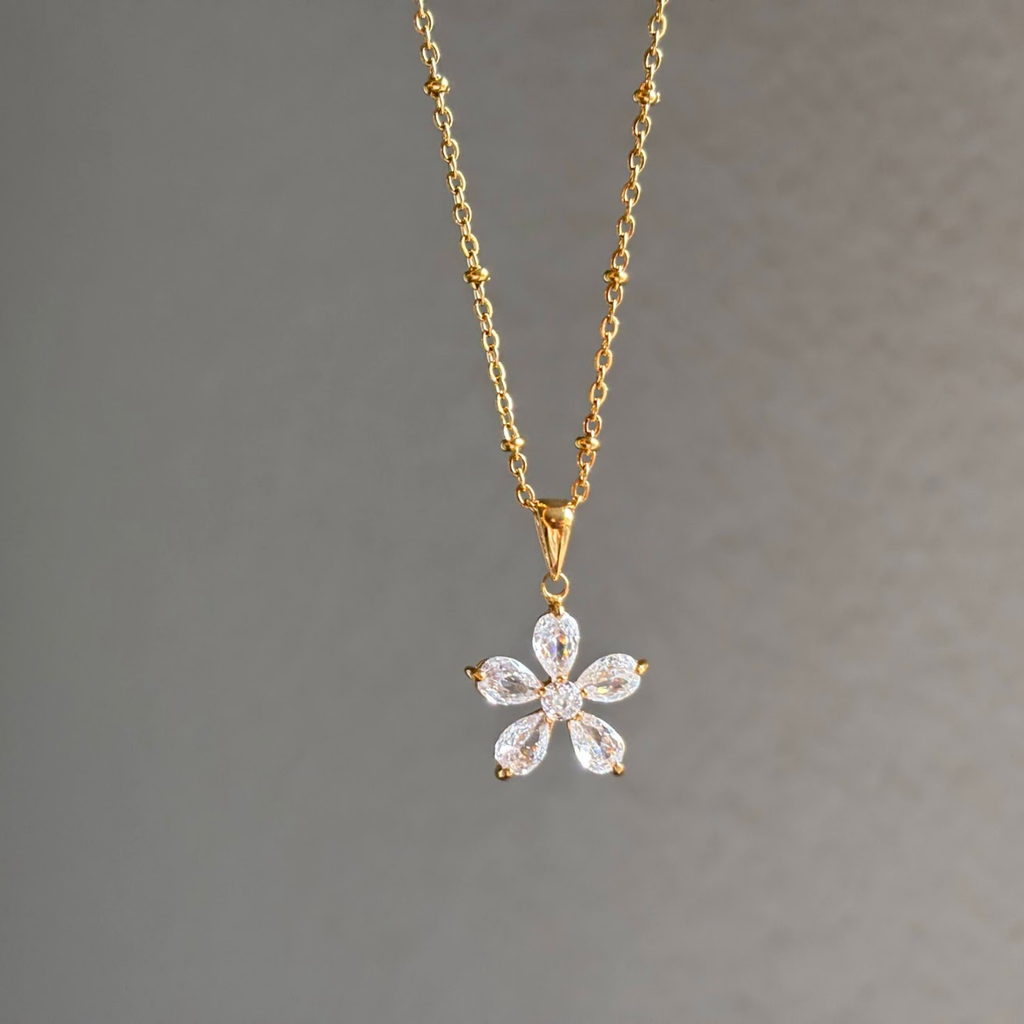 18K Gold Plated Crystal Flower Pendant Necklace – Dainty Sparkle Everyday Gift for Her