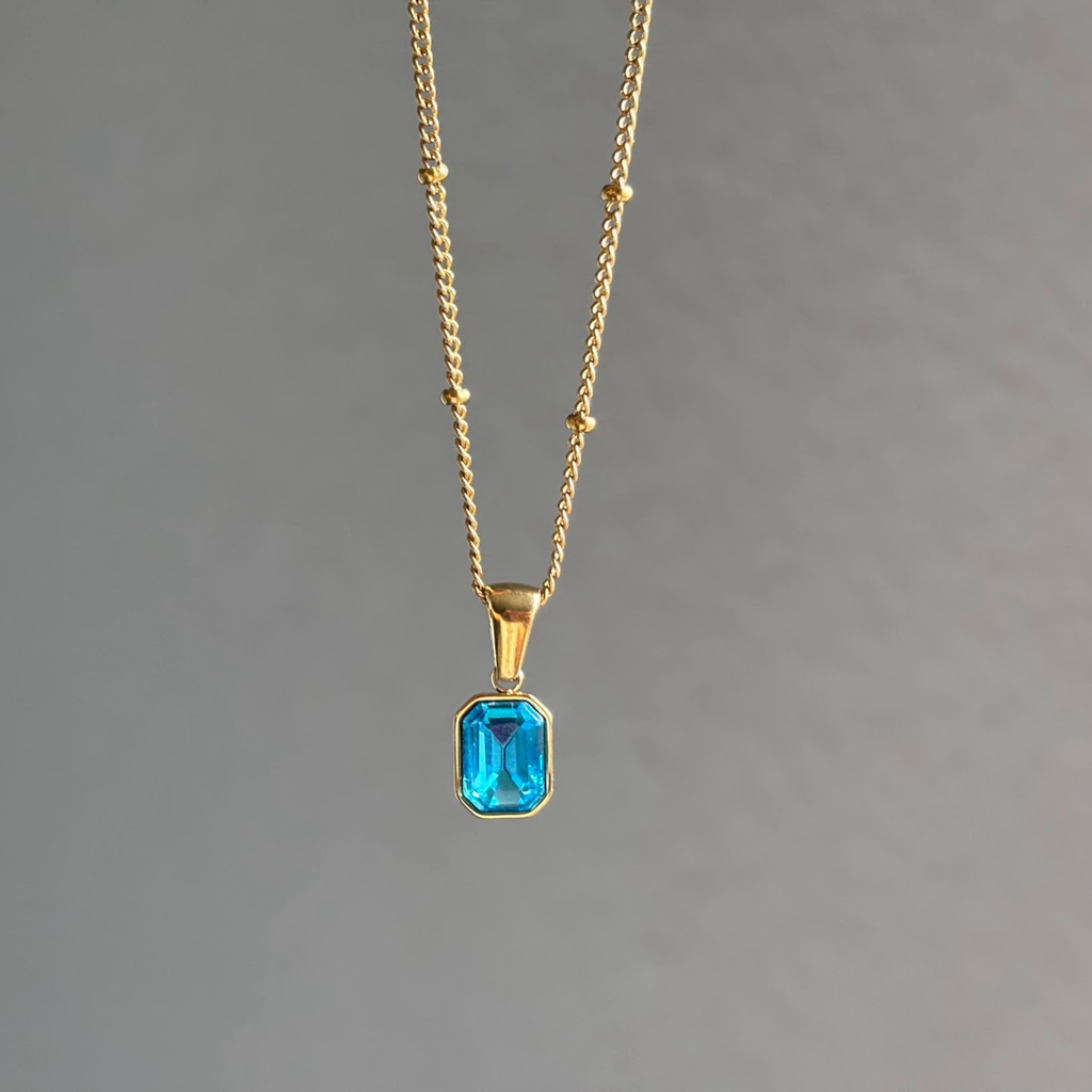Dainty Blue Gemstone Pendant Necklace – Gold Tone Minimalist Layering Jewelry Gift