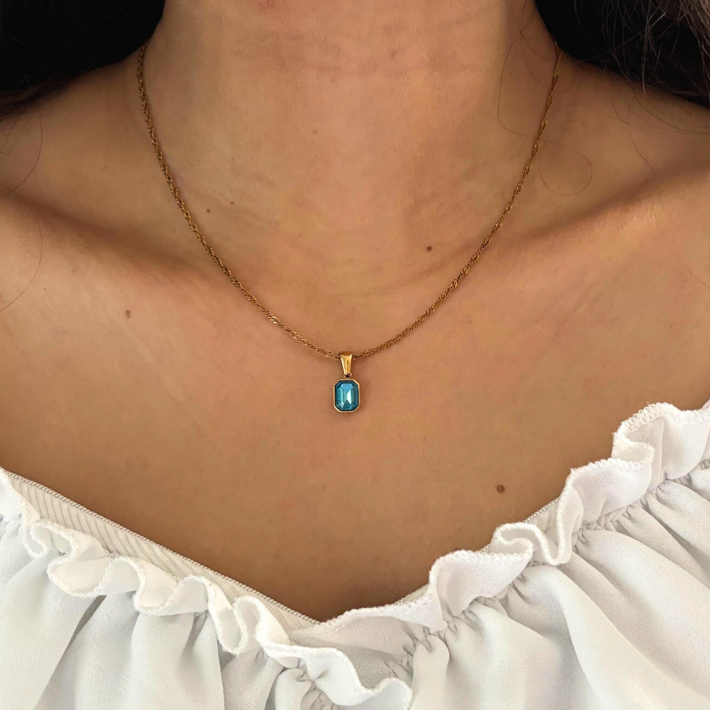 Dainty Blue Gemstone Pendant Necklace – Gold Tone Minimalist Layering Jewelry Gift