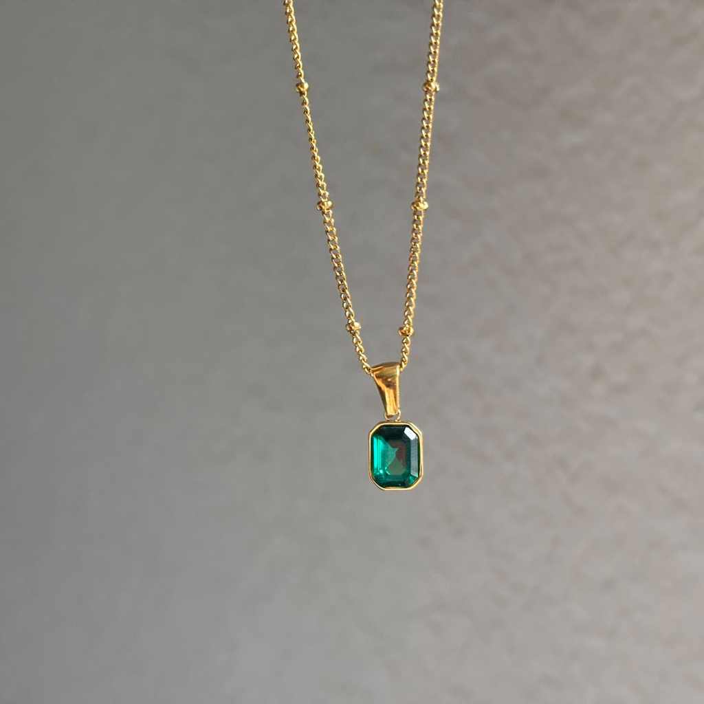 Dainty Emerald Green Pendant Necklace – Gold Tone Minimalist Layering Gift for Her