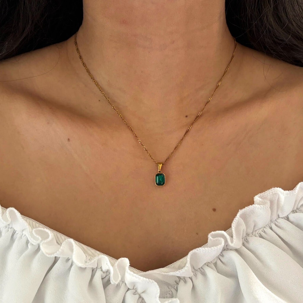 Dainty Emerald Green Pendant Necklace – Gold Tone Minimalist Layering Gift for Her