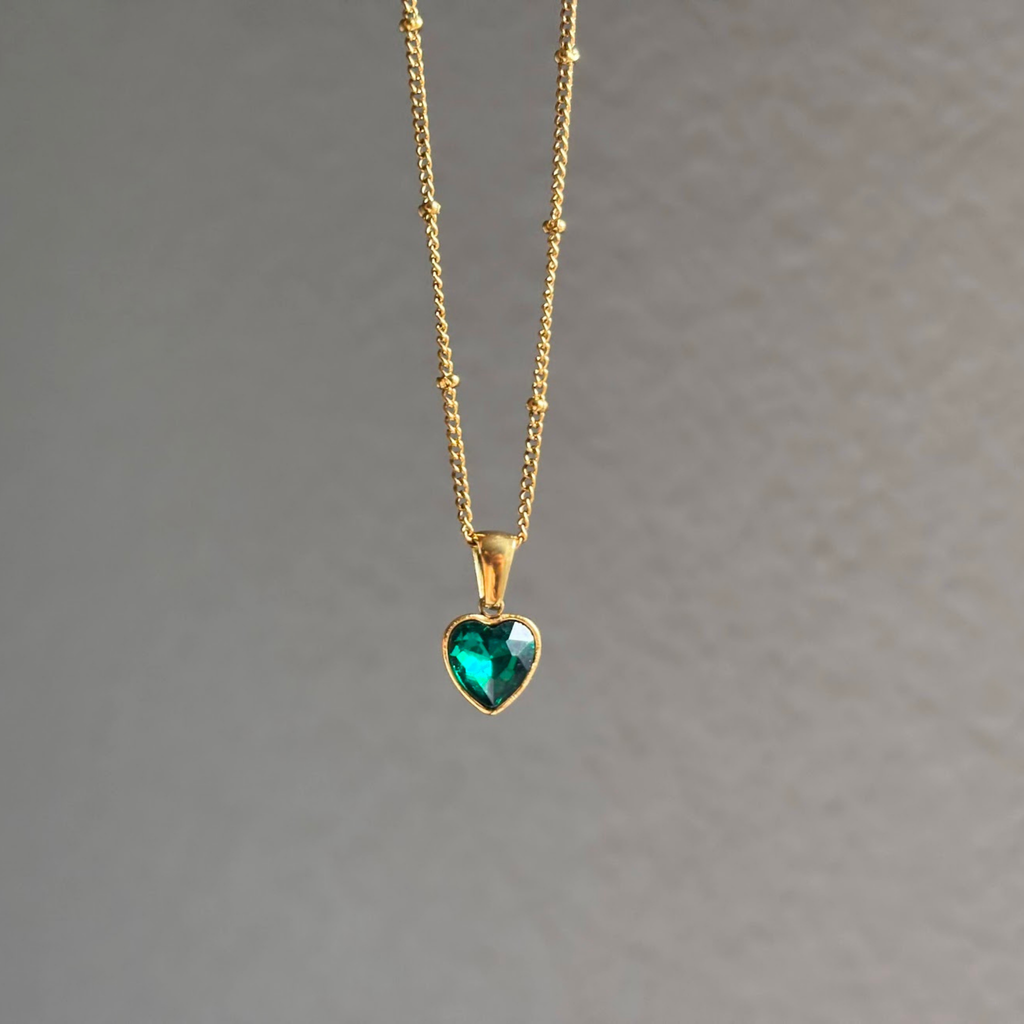 18K Gold Plated Green Heart Pendant Necklace – Dainty Minimalist Layering Gift for Her