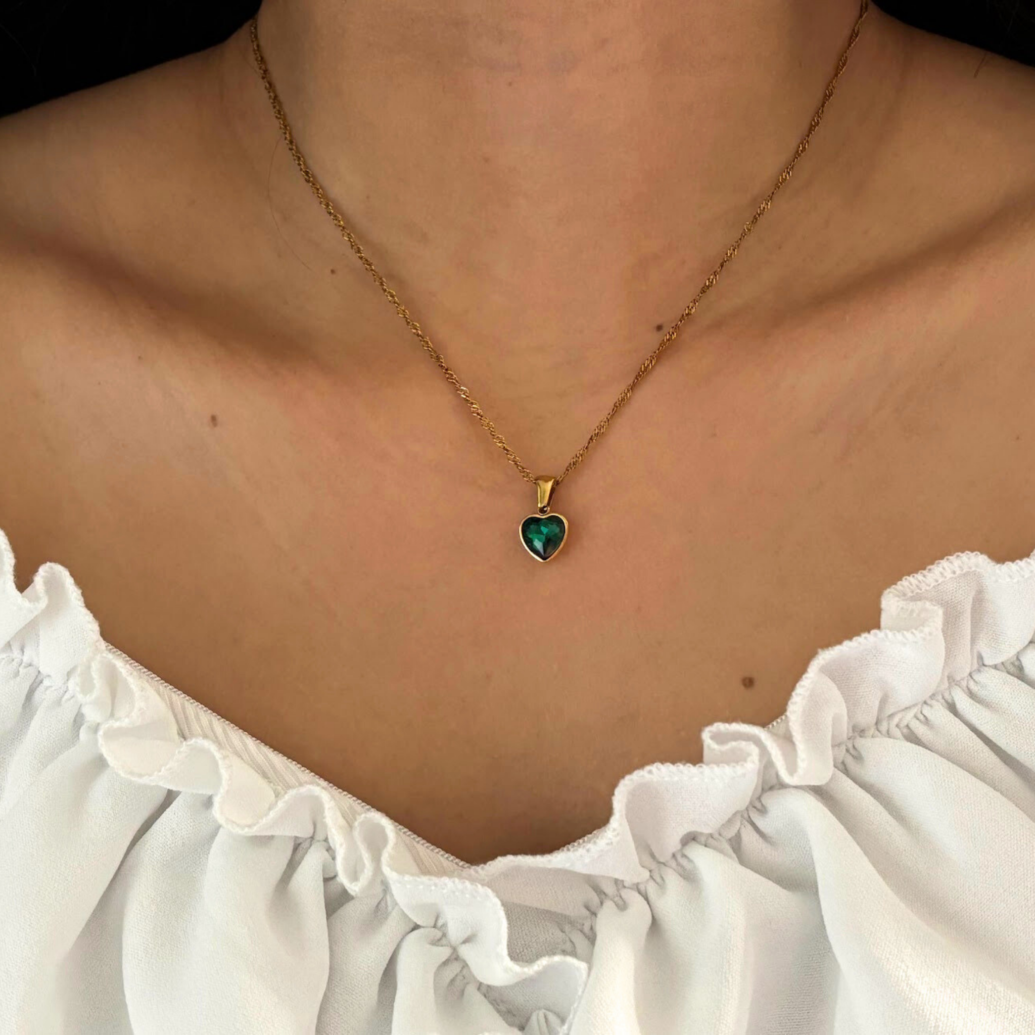 18K Gold Plated Green Heart Pendant Necklace – Dainty Minimalist Layering Gift for Her